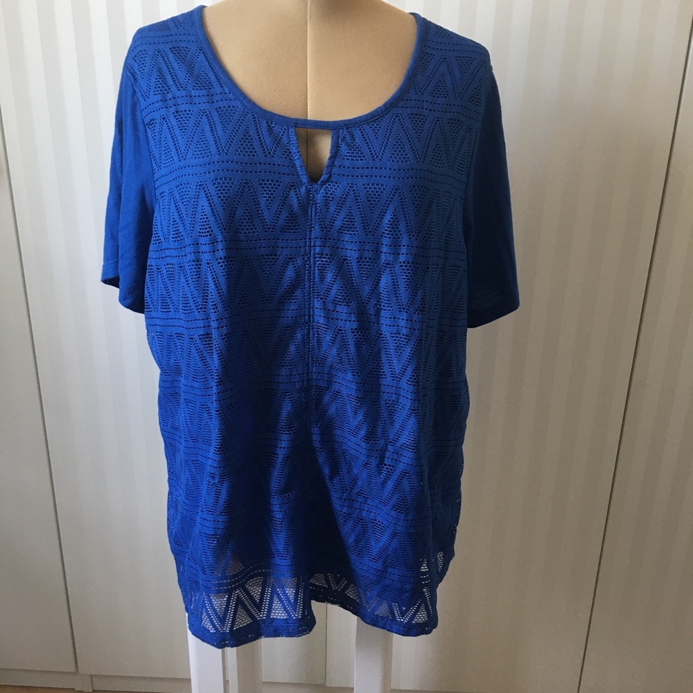 Pennington’s blue geometric cutouts mesh blouse Size 2X